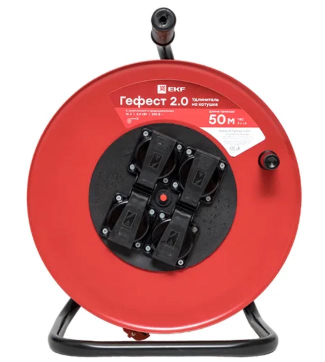 

Удлинитель на катушке EKF UKA02-16-R315-4-30-IP44 "Гефест 2.0" 4 гнезда 30м с заземлением и предохранителем ПВС 3*1,5 16А/3,5кВт IP44 PROxima, UKA02-16-R315-4-30-IP44