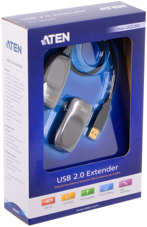 

Удлинитель Aten UCE260-A7-G USB 2.0, 60 м, 1xUTP Cat5e, USB A-тип, Male/Female, без шнуров, БП 220> 5V, UCE260-A7-G
