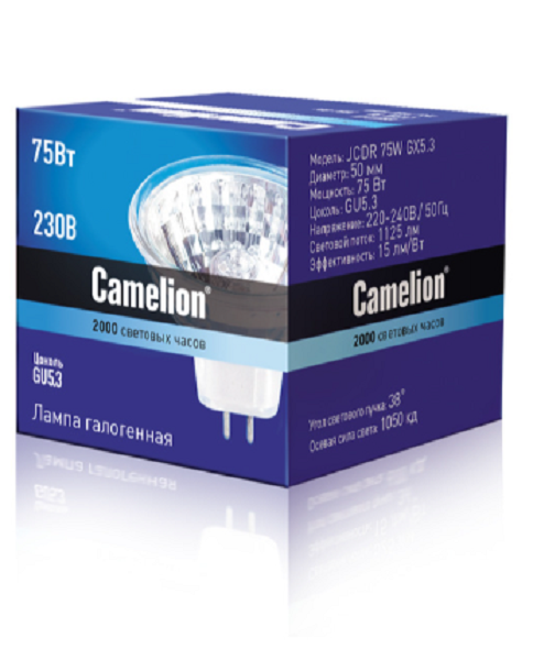 

Лампа галогенная Camelion™ JCDR 75W GX5.3 75Вт, 38°, GU5.3, 220В, 1125лм, 1050кд, 2000 часов работы, с дихроичным отражателем и защитным стеклом (1954, JCDR 75W GX5.3