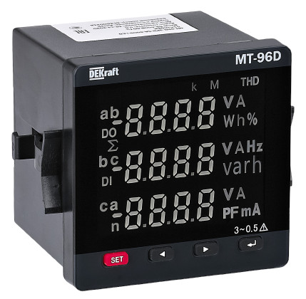 

Мультиметр DEKraft 50430DEK цифровой 96х96мм трехфазный, вход 100В 5А, RS485, LCD-дисплей МТ-96D, 50430DEK