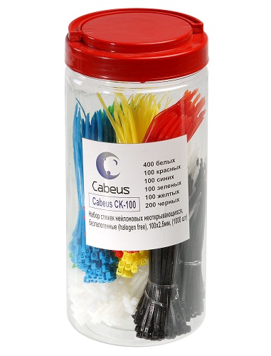 

Стяжки Cabeus CK-100 нейлон, неоткрывающиеся, безгалогенные (halogen free), 100x2.5мм, (400 белых + 100 красных + 100 синих + 100 зеленых + 100 желтых, CK-100