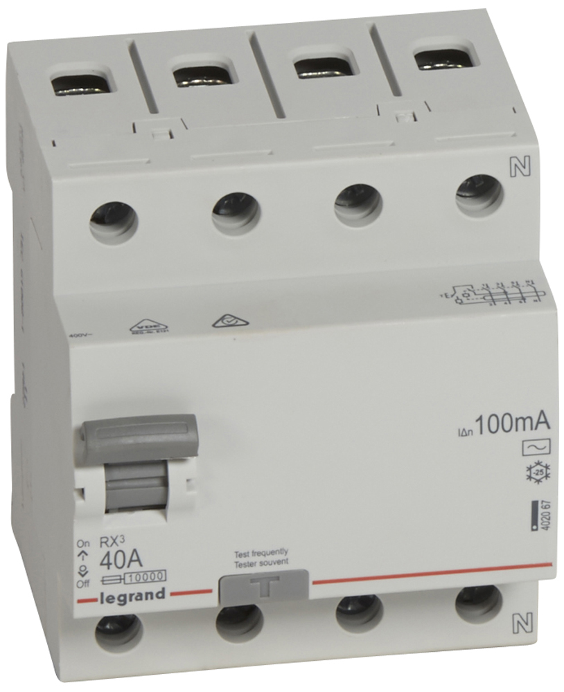 

Выключатель дифференциального тока (ВДТ, УЗО) Legrand 402067 RX³ - 4П, нейтраль справа, 400 В~, 40 А, тип AC, 100 мА, 4 модуля, 402067