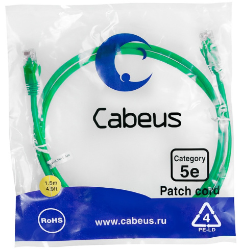 фото Кабель патч-корд U/UTP 5e кат. 1.5м Cabeus PC-UTP-RJ45-Cat.5e-1.5m-GN-LSZH в Воронеже