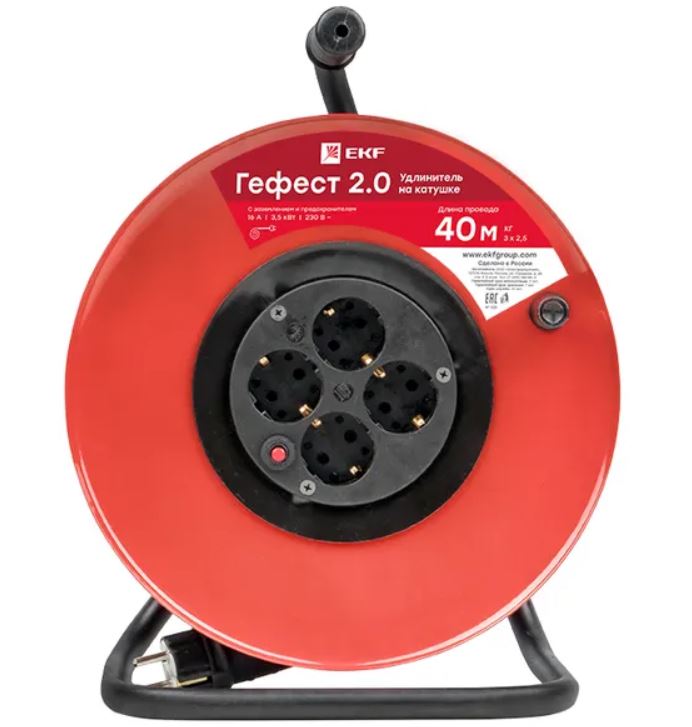 

Удлинитель на катушке EKF UKG02-16-R315-4-50 "Гефест 2.0" 4 гнезда 50м с заземлением и предохранителем КГ 3*1,5 16А/3,5кВт PROxima, UKG02-16-R315-4-50
