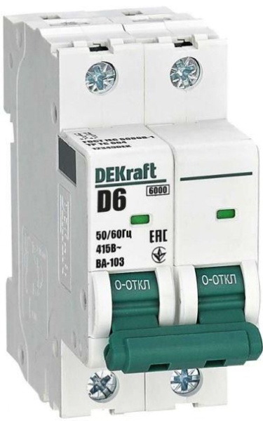 Изображение товара Автоматический выключатель DEKraft ВА-103 6 кА IP20 2 полюса для электросетей