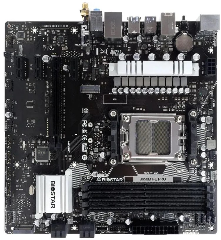 

Материнская плата mATX Biostar B650MT-E PRO (AM5, AMD B650, 4*DDR5 (5200), PCIe, 2*M.2, 4*SATA, 2*USB 2.0, 4*USB 3.0, USB Type-C, HDMI, DP), B650MT-E PRO
