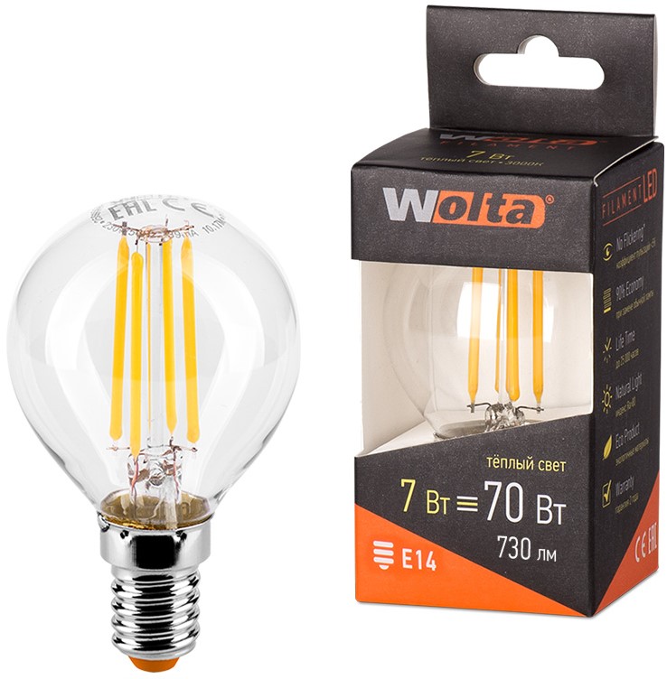 

Лампа светодиодная WOLTA 25Y45GLFT7E14 FILAMENT 7Вт 3000K Е14, 25Y45GLFT7E14