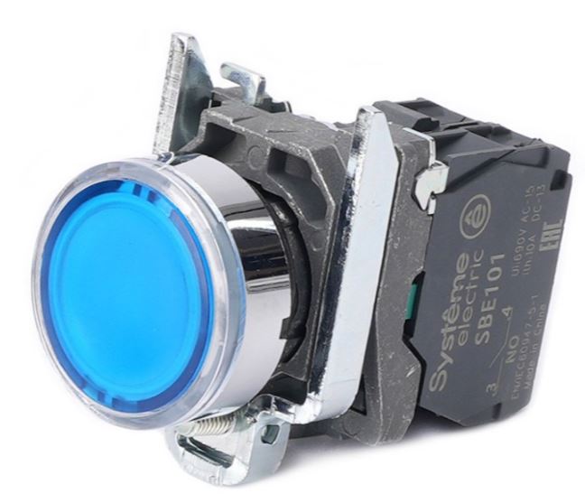 

Кнопка Systeme Electric SB4BW36B1 SB4 с подсветкой в сборе модульная 22мм синяя металл 24ВDC 1НО, SB4BW36B1