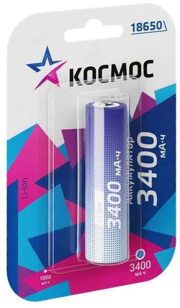 

Аккумулятор Космос KOC18650Li-ion34UBL1 Li-ion, 18650, 3400 мАч, 1 шт, KOC18650Li-ion34UBL1