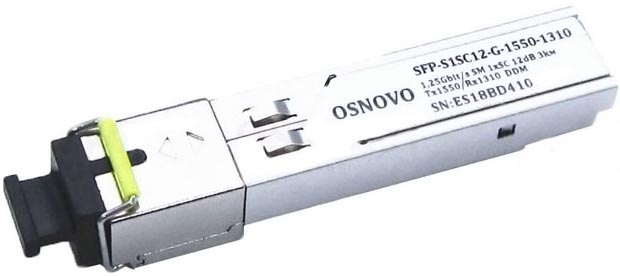 

Модуль SFP OSNOVO SFP-S1SC12-G-1550-1310 до 1.25 Гбит/c, SC/12дБ/расстояние передачи до 3км/Tx 1550/Rx 1310/поддержка DDM, SFP-S1SC12-G-1550-1310