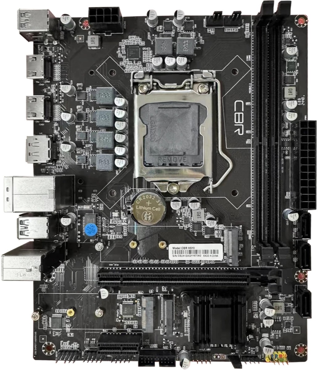 

Материнская плата mATX CBR H510 (LGA 1200, 2*DDR4, mATX, DP+2*HDMI, 1*PCIEx16,1*PCIEx1,2*M.2(NVME,SATA), 3*SATA3, 2*USB 2.0 + 4*USB3.0, LAN 1Gb), H510