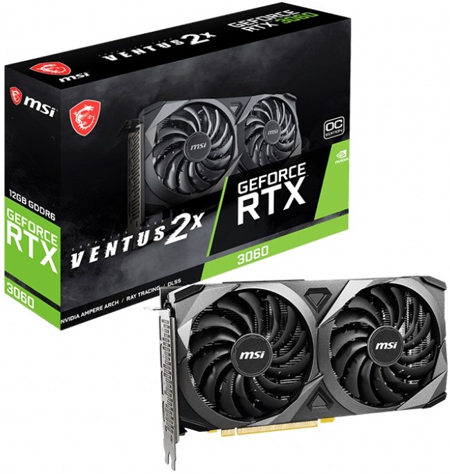

Видеокарта PCI-E MSI GeForce RTX 3060 VENTUS 2X OC (RTX 3060 VENTUS 2X 12G OC) 12GB GDDR6 192bit 8nm 1320/15000MHz HDMI/3*DP RTL, GeForce RTX 3060 VENTUS 2X OC (RTX 3060 VENTUS 2X 12G OC)