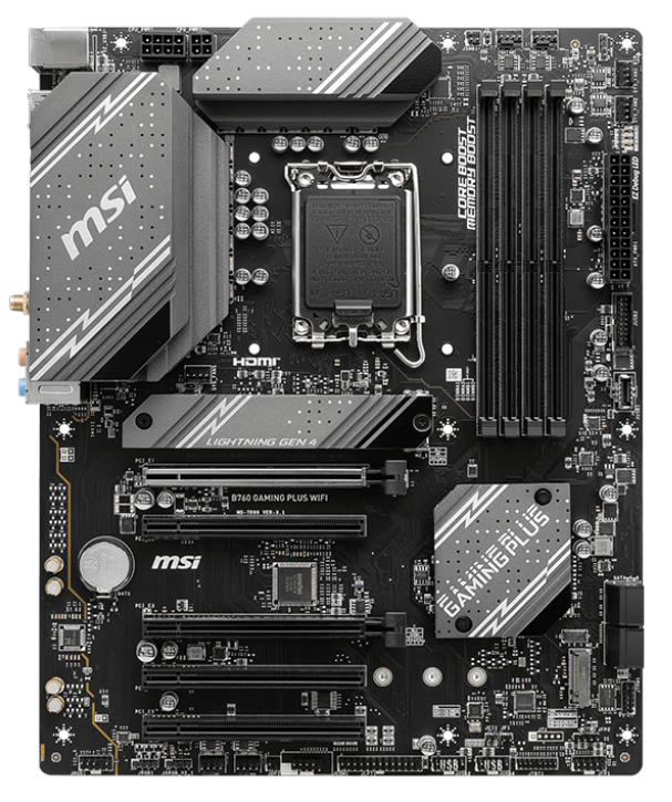 

Материнская плата ATX MSI B760 GAMING PLUS WIFI (LGA1700, B760, 4*DDR5 (6800), 4*SATA 6G RAID, 2*M.2, 5*PCIE, 2.5Glan, WiFi, BT, HDMI, DP, USB Type-C,, B760 GAMING PLUS WIFI