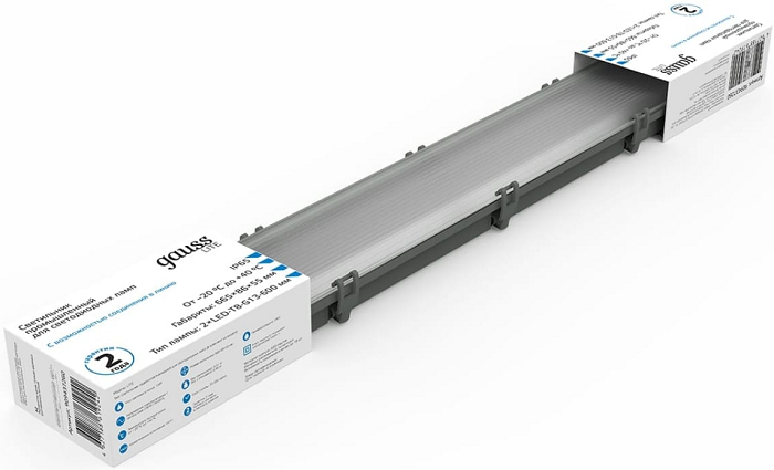 

Светильник Gauss 909437260 линейный СПП-Т8-G13 LITE 220-230V IP65 665*85*55мм для LED ламп 2х600мм 1/16, 909437260