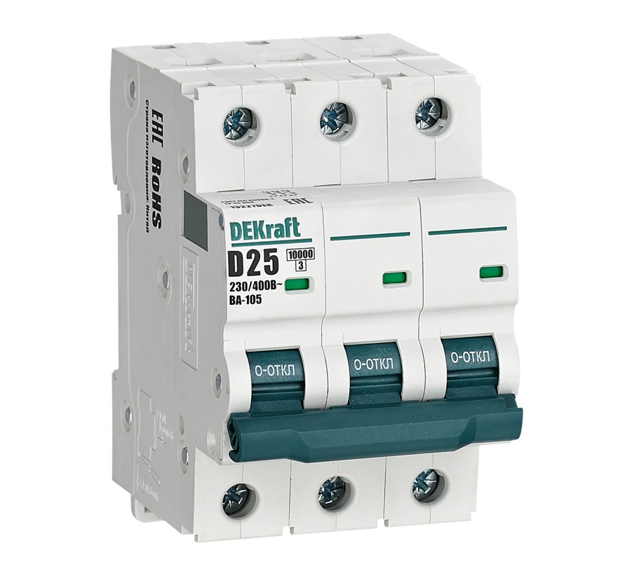 

Автоматический выключатель DEKraft 13227DEK 3P 25A х-ка D ВА-105 10кА, 13227DEK