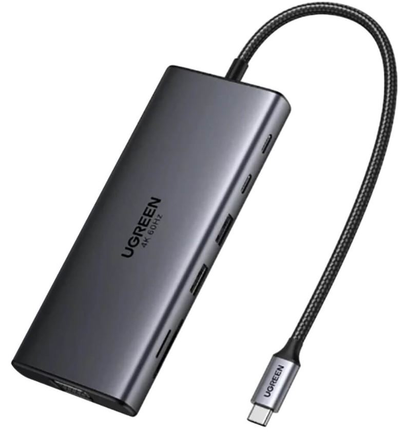 

Конвертер UGREEN CM639 45520_ 11-in-1 4K@60Hz 2xUSB-C 3.2+USB-A 3.2+USB-A 3.0+HDMI+VGA+RJ45 Gigabit+SD/TF+AUX3.5mm+PD Converter. Цвет: серый, CM639