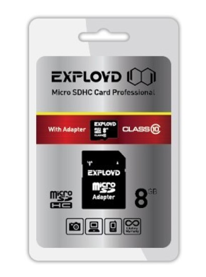 

Карта памяти MicroSDHC 8GB Exployd EX008GCSDHC10-AD Class 10 + SD адаптер, EX008GCSDHC10-AD
