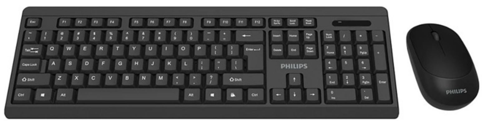 

Клавиатура и мышь Wireless Philips SPT6324 2.4 GHz 104 клав/3 кнопки, 1600dpi, русская заводская раскладка, чёрный, SPT6324