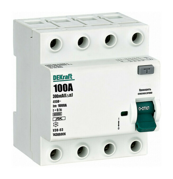 

УЗО DEKraft 14309DEK ВДТ 4P 100A 300мА тип A 6кА, 14309DEK