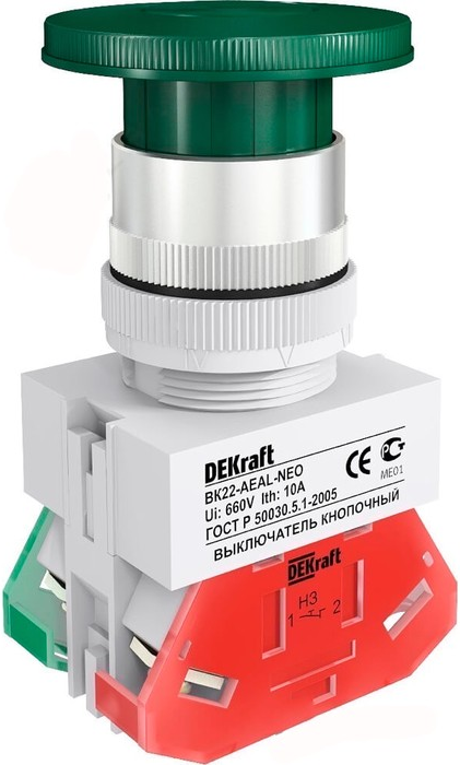 

Выключатель DEKraft 25037DEK ВK-22 кнопочный грибок с фикс. AE D=22мм 1з+1р (1НО+1НЗ) 220В зеленый, 25037DEK