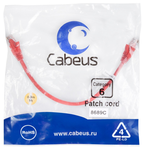 фото Кабель патч-корд U/UTP 6 кат. 0.3м Cabeus PC-UTP-RJ45-Cat.6-0.3m-RD в Санкт-Петербургe