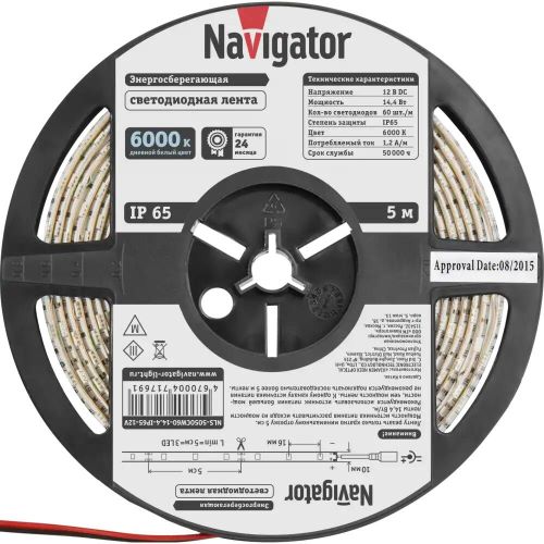 

Лента светодиодная Navigator NLS-5050СW60-14.4-IP65-12V 60LED/м, 14,4Вт, 12В DC, нарез. кр. 50мм, дневной белый 6000К, IP65, 5м. в ролле (71769), NLS-5050СW60-14.4-IP65-12V