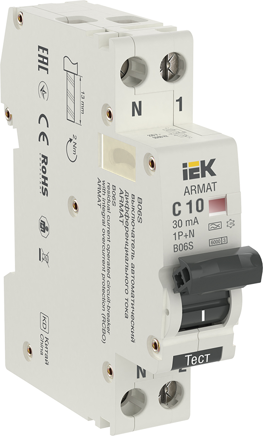 

УЗО IEK AR-B06S-1N-C10A030 ARMAT АВДТ B06S 1P+NP C10 30мА тип A (18мм), AR-B06S-1N-C10A030