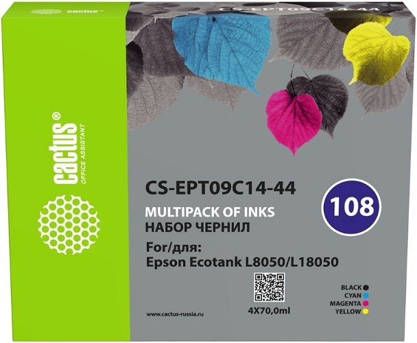 

Чернила Cactus CS-EPT09C14-44 108 многоцветный набор 4x70мл для Epson Ecotank L8050/L18050, CS-EPT09C14-44
