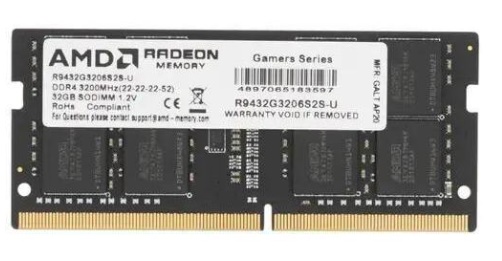 

Модуль памяти SODIMM DDR4 32GB AMD R9432G3206S2S-U Radeon R9 Gamers, PC4-25600, 3200MHz, CL16, 1.2V, R9432G3206S2S-U