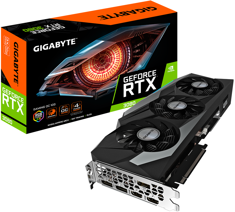 

Видеокарта PCI-E GIGABYTE GeForce RTX 3080 GAMING OC (GV-N3080GAMING OC-10GD 2.0) 10GB GDDR6X 320bit 8nm 1440/19000MHz 2*HDMI/3*DP RTL, GeForce RTX 3080 GAMING OC (GV-N3080GAMING OC-10GD 2.0)