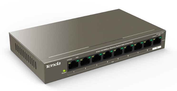 

Коммутатор Tenda TEF1109P-8-63W 9*Ethernet 100 Мбит/с, поддержка PoE, пропускная способность 1.8 Гбит/с, 4K MAC адресов, TEF1109P-8-63W