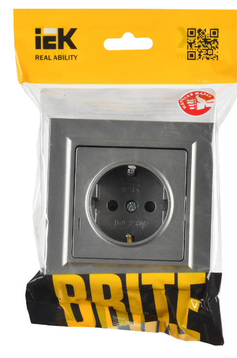 

Розетка с заземлением в сборе IEK BR-R14-16-K46-F BRITE с защитными шторками 16А РСР14-1-0-БрС Сталь, BR-R14-16-K46-F