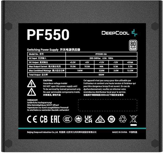 

Блок питания ATX Deepcool PF550 550W, PWM 120mm fan, 80 PLUS, Active PFC, PF550
