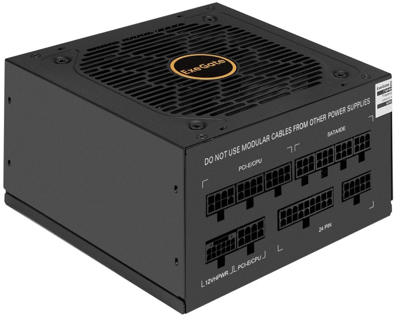 

Блок питания Exegate 80 PLUS GOLD 1000VSP FС EX297234RUS 1000W (ATX3.0, APFC, КПД 90% (80 PLUS GOLD), 120mm fan, 24pin, 2x(4+4)pin, PCIE5.0/12VHPWR, 4, 80 PLUS GOLD 1000VSP FС