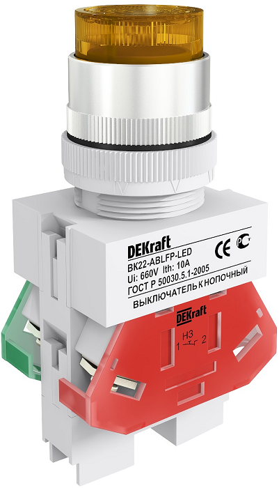 

Выключатель DEKraft 25028DEK кнопочный ABLFP D=22мм LED 220В желтый, 25028DEK