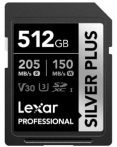 

Карта памяти SDXC 512GB Lexar LSDSIPL512G-BNNNG Professional SILVER PLUS UHS-I U3 V30 C10, 205/150MB/s, LSDSIPL512G-BNNNG