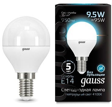 

Лампа светодиодная Gauss 105101210 LED Шар E14 9.5W 950lm 4100K, 105101210