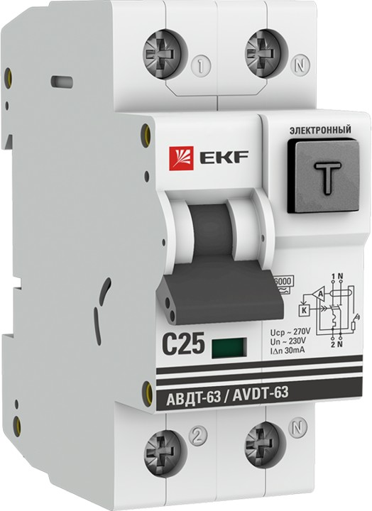 

Автомат дифференциальный EKF DA63-25-30e 1п+N 2мод. С 25А 30mA тип А 6кА АВДТ-63 (электрон.) PROxima, DA63-25-30e