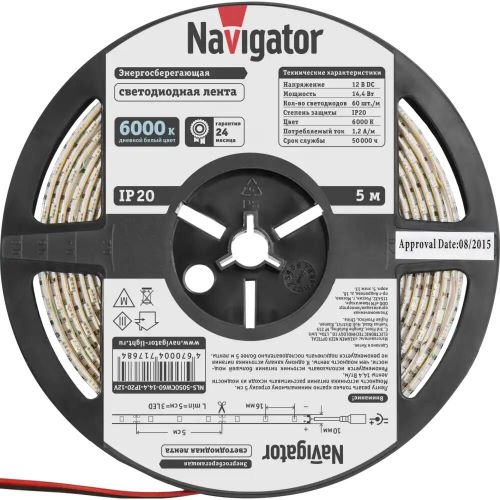 

Лента светодиодная Navigator NLS-5050СW60-14.4-IP20-12V 60LED/м, 14,4Вт, 12В DC, нарез. кр. 50мм, дневной белый 6000К, IP20, 5м. в ролле (71768), NLS-5050СW60-14.4-IP20-12V