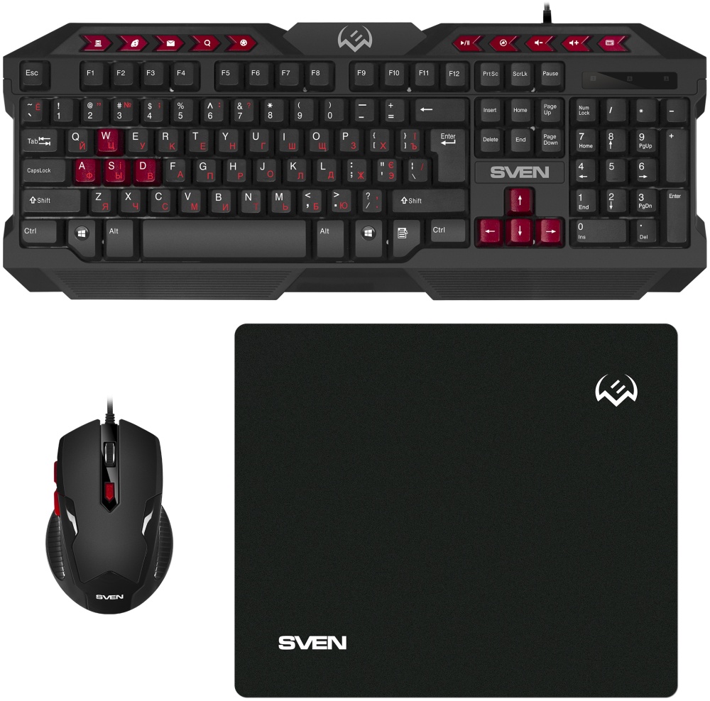 

Набор Sven GS-9200 SV-018221 игровой, клавиатура+мышь+коврик (114 кл,, 8 смен. кл., 800-2400DPI, 5+1кл.), GS-9200
