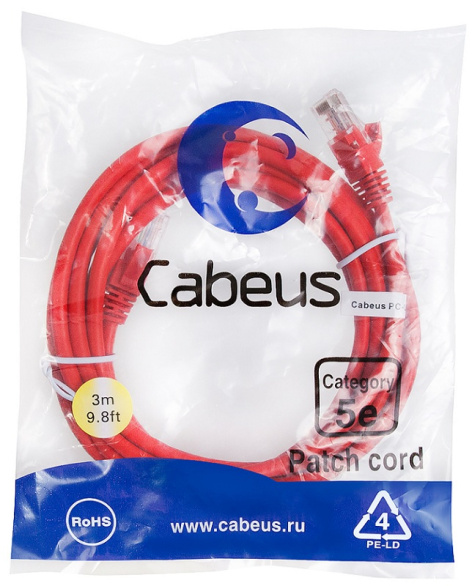 фото Кабель патч-корд U/UTP 5e кат. 3м Cabeus PC-UTP-RJ45-Cat.5e-3m-RD-LSZH в Краснодаре