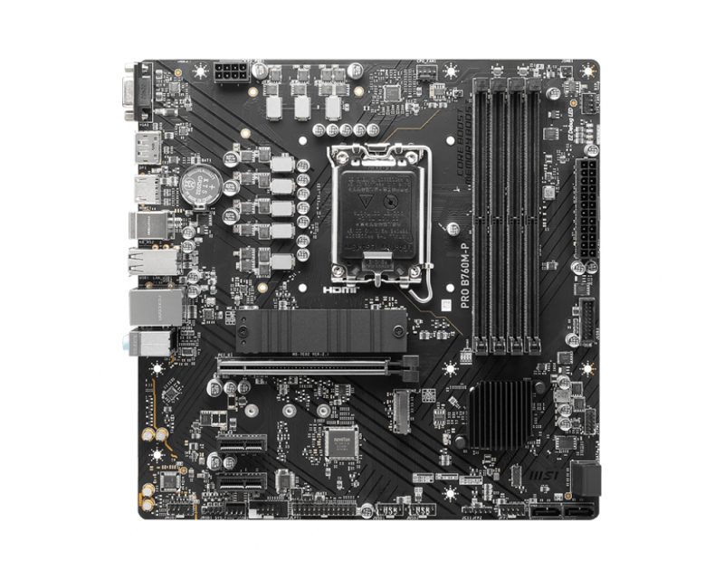 

Материнская плата mATX MSI PRO B760M-P (LGA1700, B760, 4*DDR5 (6800), 4*SATA 6G RAID, 2*M.2, 3*PCIe 4.0, Glan, 3*USB 3.2, 8*USB 2.0, Type-C, HDMI, DP,, PRO B760M-P