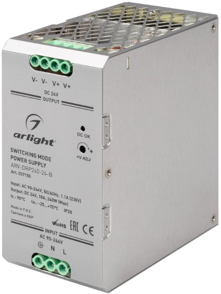 

Блок питания Arlight ARV-DRP240-24-B 037155 24V, 10A, 240W, PFC, IP20 Металл, ARV-DRP240-24-B