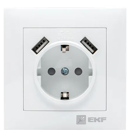 

Розетка EKF EWR16-028-10-2USB Валенсия 16А белая с защ. шторками, заземл. и 2 USB, 2,1А в сборе, EWR16-028-10-2USB
