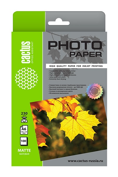 

Фотобумага Cactus CS-MA6230100 10x15/230г/м2/100л./белый матовое для струйной печати, CS-MA6230100