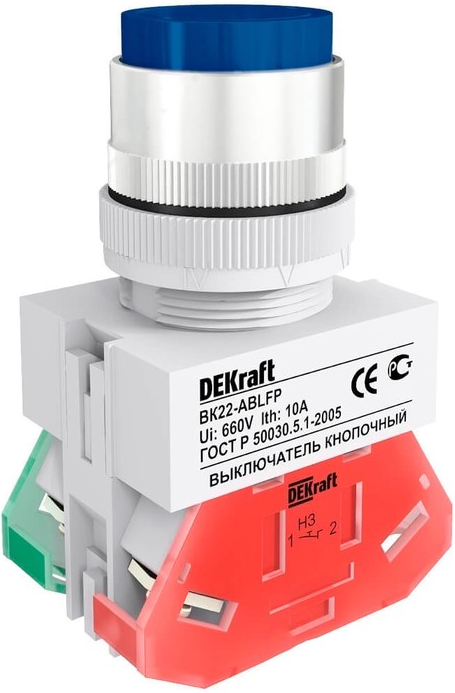 

Выключатель DEKraft 25130DEK ВK-22 кнопочный с фикс. ABFP D=22мм 220В синий, 25130DEK