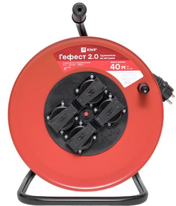 

Удлинитель на катушке EKF UKG02-16-R325-4-40-IP44 "Гефест 2.0" 4 гнезда 40м с заземлением и предохранителем КГ 3*2,5 16А/3,5кВт IP44 PROxima, UKG02-16-R325-4-40-IP44