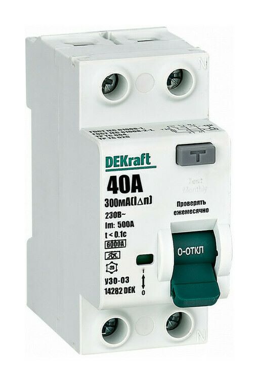 

УЗО DEKraft 14282DEK ВДТ 2P 40А 300мА тип A 6кА, 14282DEK
