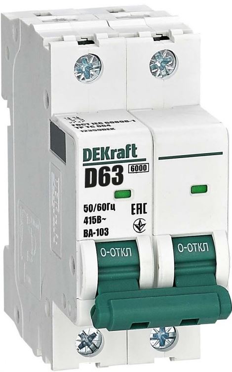 

Автоматический выключатель DEKraft 12359DEK 2Р 63А х-ка D ВА-103 6кА, 12359DEK