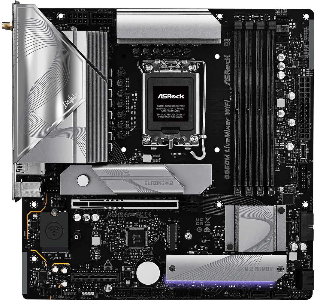 

Материнская плата mATX ASRock B860M LIVEMIXER WIFI (LGA1851, B860, 4*DDR5 (8666), PCIe, 4*M.2, 4*SATA, BT, WiFi, 6*USB 3.2, 6*USB 2.0, HDMI), B860M LIVEMIXER WIFI